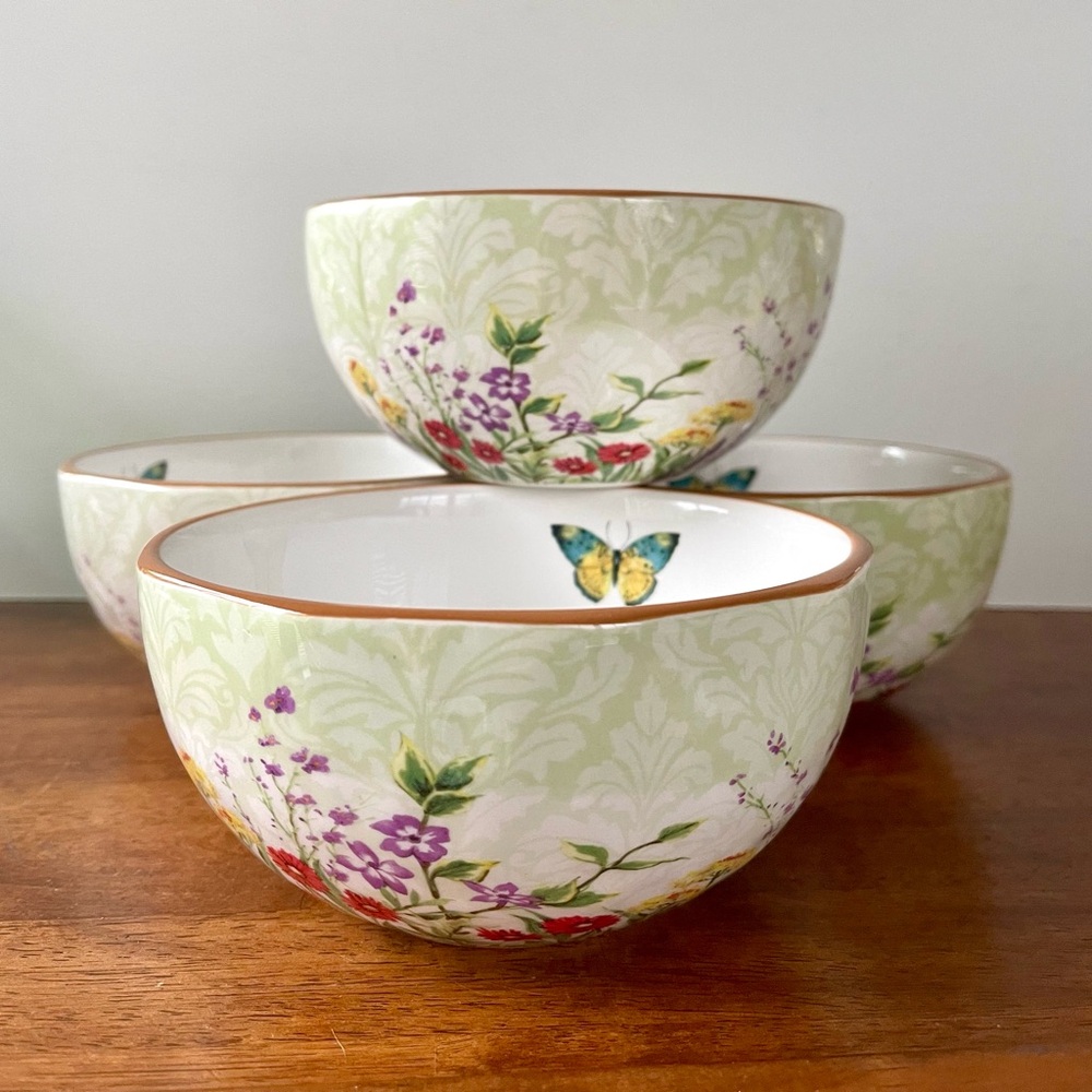 Set of 4 Pier One Botanical Garden Floral Earthenware Cereal Bowls 6” Excellent - Picture 4 of 10